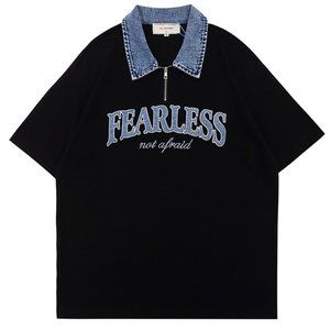 Retro denim collar stitching embroidery polo shirt short sleeve men